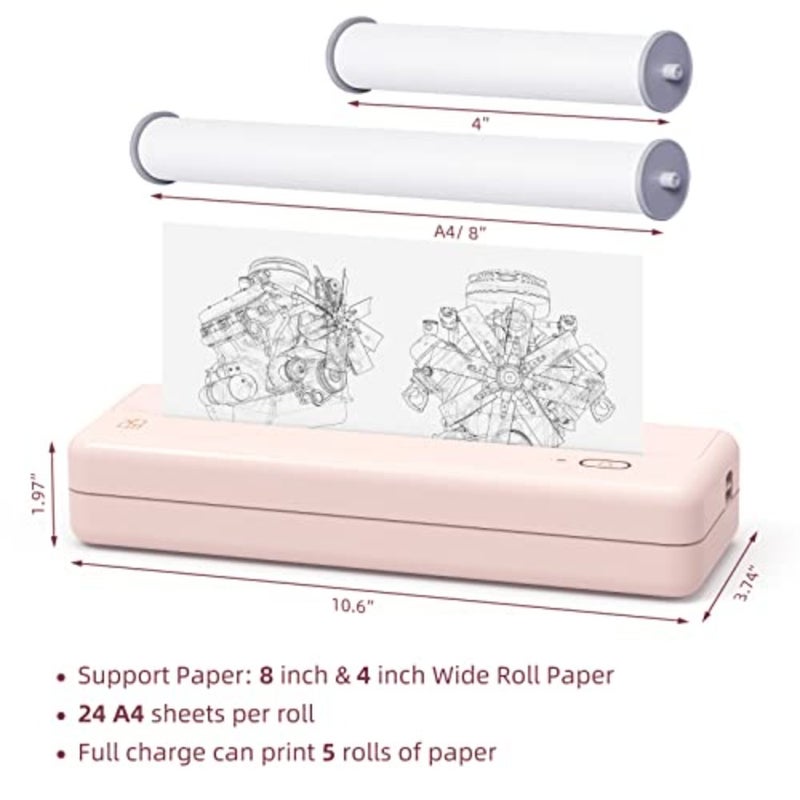 Wireless portable printer for travel, office, school, and home use; thermal inkless printing on paper rolls; pink ABS plastic; compact lightweight design with Bluetooth connectivity for iPhone, Android, and laptop - Image 3