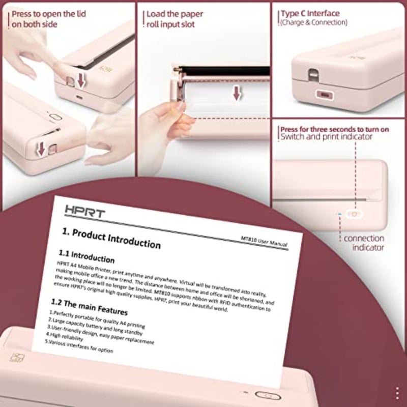 Wireless portable printer for travel, office, school, and home use; thermal inkless printing on paper rolls; pink ABS plastic; compact lightweight design with Bluetooth connectivity for iPhone, Android, and laptop - Image 5