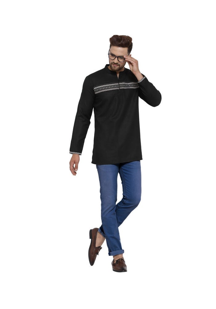 ARCHATTIRE كُرتا قطن أسود بأكمام كاملة للرجال - Image 5