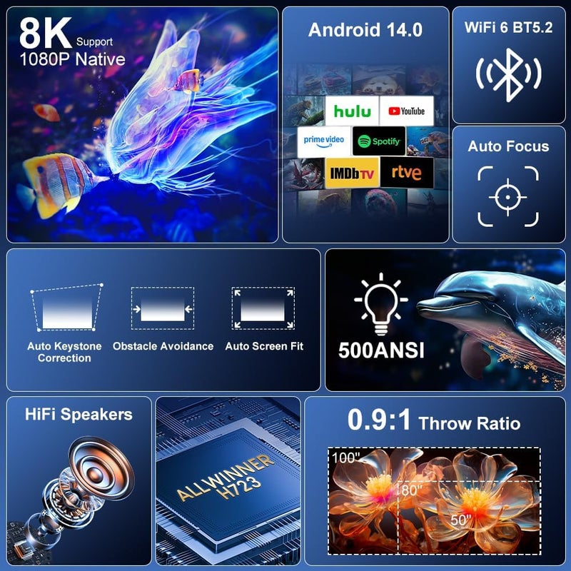 [مع حامل] بروجيكتر ذكي 4K+، 30000 لومن مع تطبيقات مرخصة مدمجة، دقة 1080P أصلية، بروجيكتر أفلام مع تصحيح تلقائي لشكل الصورة، بروجيكتر لاسلكي WiFi 6 بلوتوث، بروجيكتر سينما منزلية 4K للهواتف الذكية/الهدايا - Image 2