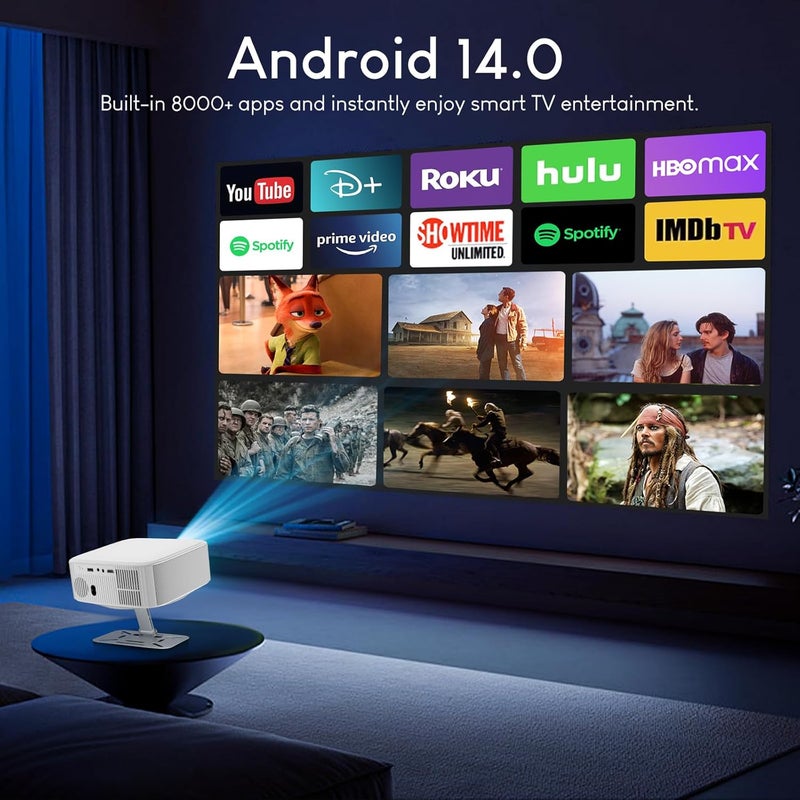 [مع حامل] بروجيكتر ذكي 4K+، 30000 لومن مع تطبيقات مرخصة مدمجة، دقة 1080P أصلية، بروجيكتر أفلام مع تصحيح تلقائي لشكل الصورة، بروجيكتر لاسلكي WiFi 6 بلوتوث، بروجيكتر سينما منزلية 4K للهواتف الذكية/الهدايا - Image 4