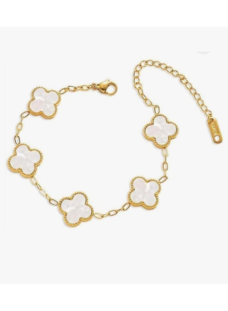 لاكجيريا سوار من الفولاذ المقاوم للصدأ مطلي بالذهب عيار 18 قيراطًا على شكل زهرة البرسيم ذات الأربع أوراق للنساء ابيض - Image 1