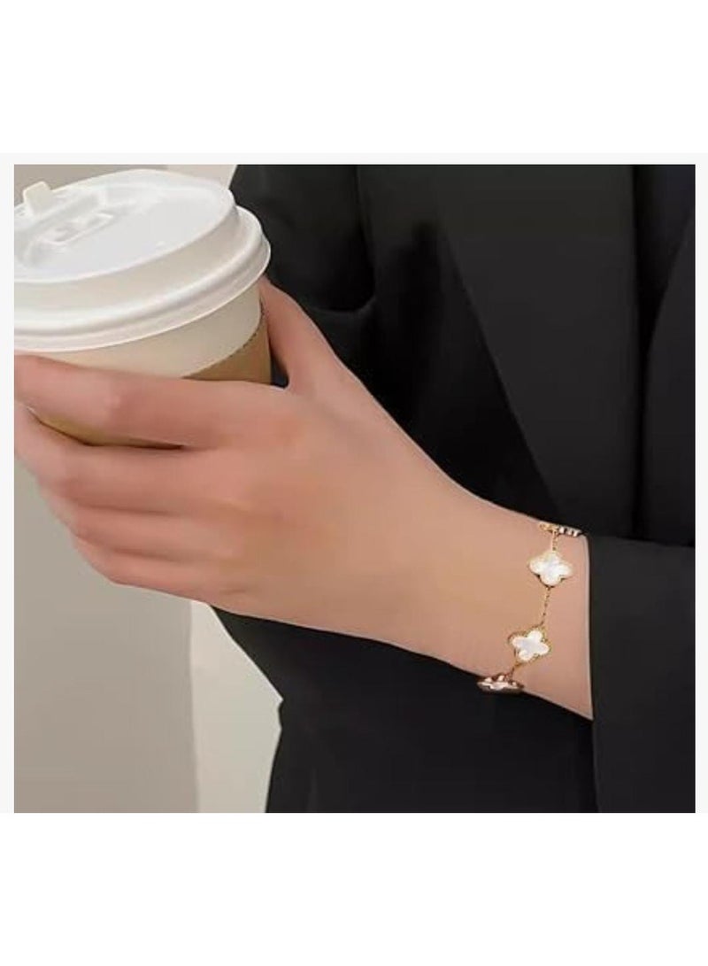 لاكجيريا سوار من الفولاذ المقاوم للصدأ مطلي بالذهب عيار 18 قيراطًا على شكل زهرة البرسيم ذات الأربع أوراق للنساء ابيض - Image 2