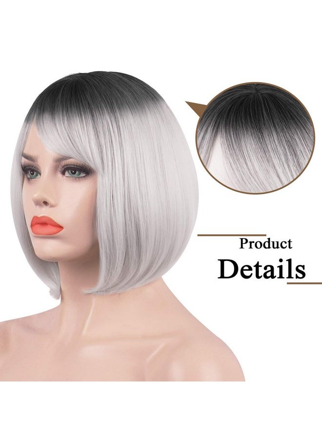 SOFEIYAN Short Straight Bob Wigs With Bangs 11 Inch Synthetic Daily Party Cosplay Hair Wig For Black Women Grey  - Image 3
