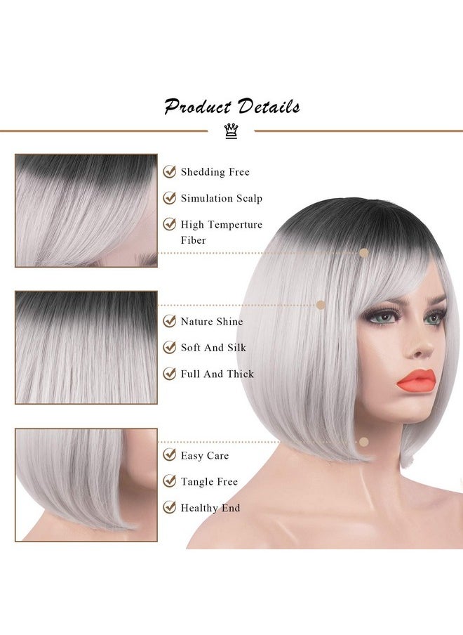 SOFEIYAN Short Straight Bob Wigs With Bangs 11 Inch Synthetic Daily Party Cosplay Hair Wig For Black Women Grey  - Image 5