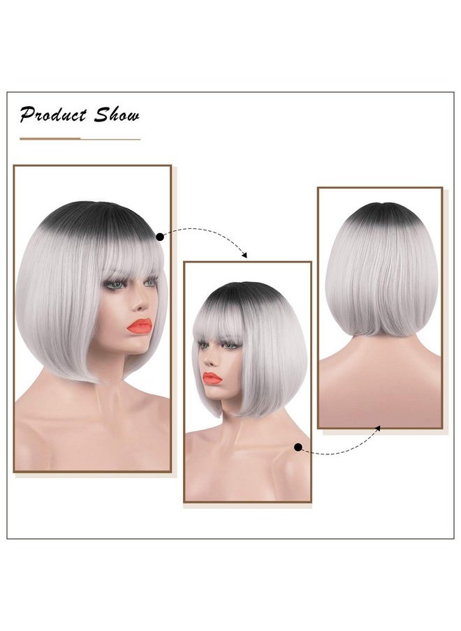 SOFEIYAN Short Straight Bob Wigs With Bangs 11 Inch Synthetic Daily Party Cosplay Hair Wig For Black Women Grey  - Image 4