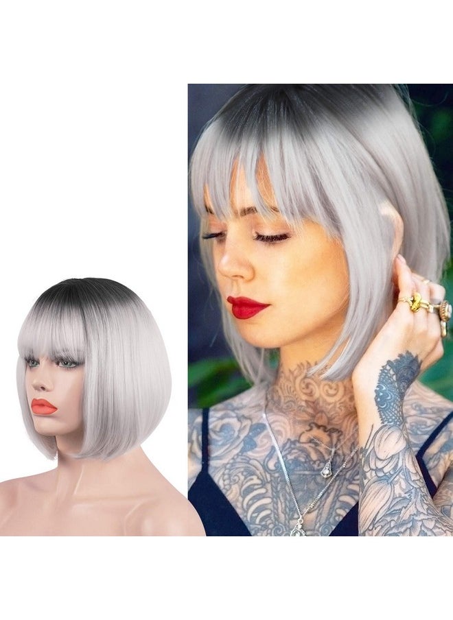 SOFEIYAN Short Straight Bob Wigs With Bangs 11 Inch Synthetic Daily Party Cosplay Hair Wig For Black Women Grey  - Image 1