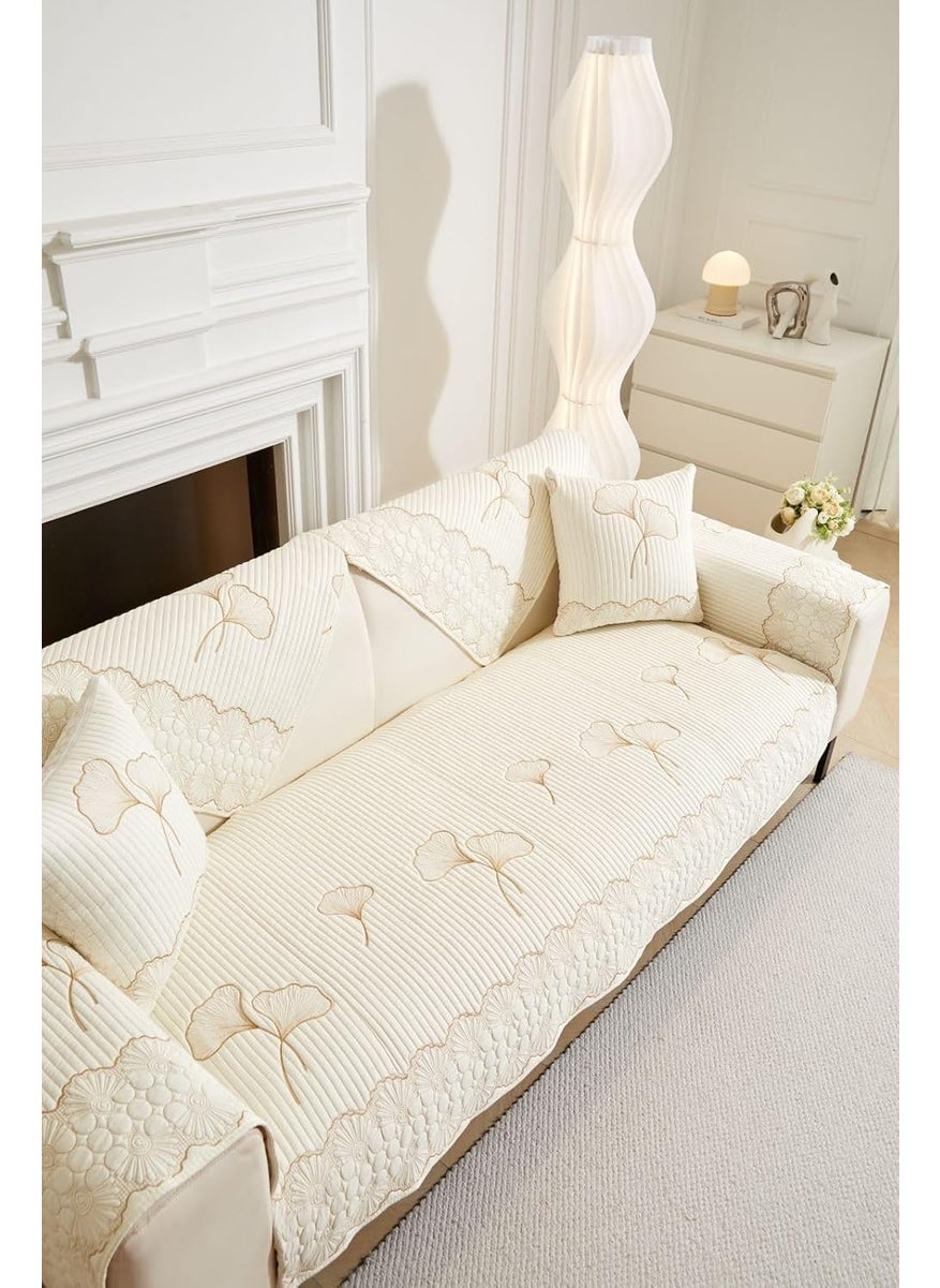 HOMETHREADS HOMETHREADS Premium Embroidered Cotton Sofa Cover Mat with PVC Backing for NonSlip Comfort Cream 4 Seater Small 70x200cm  - Image 5