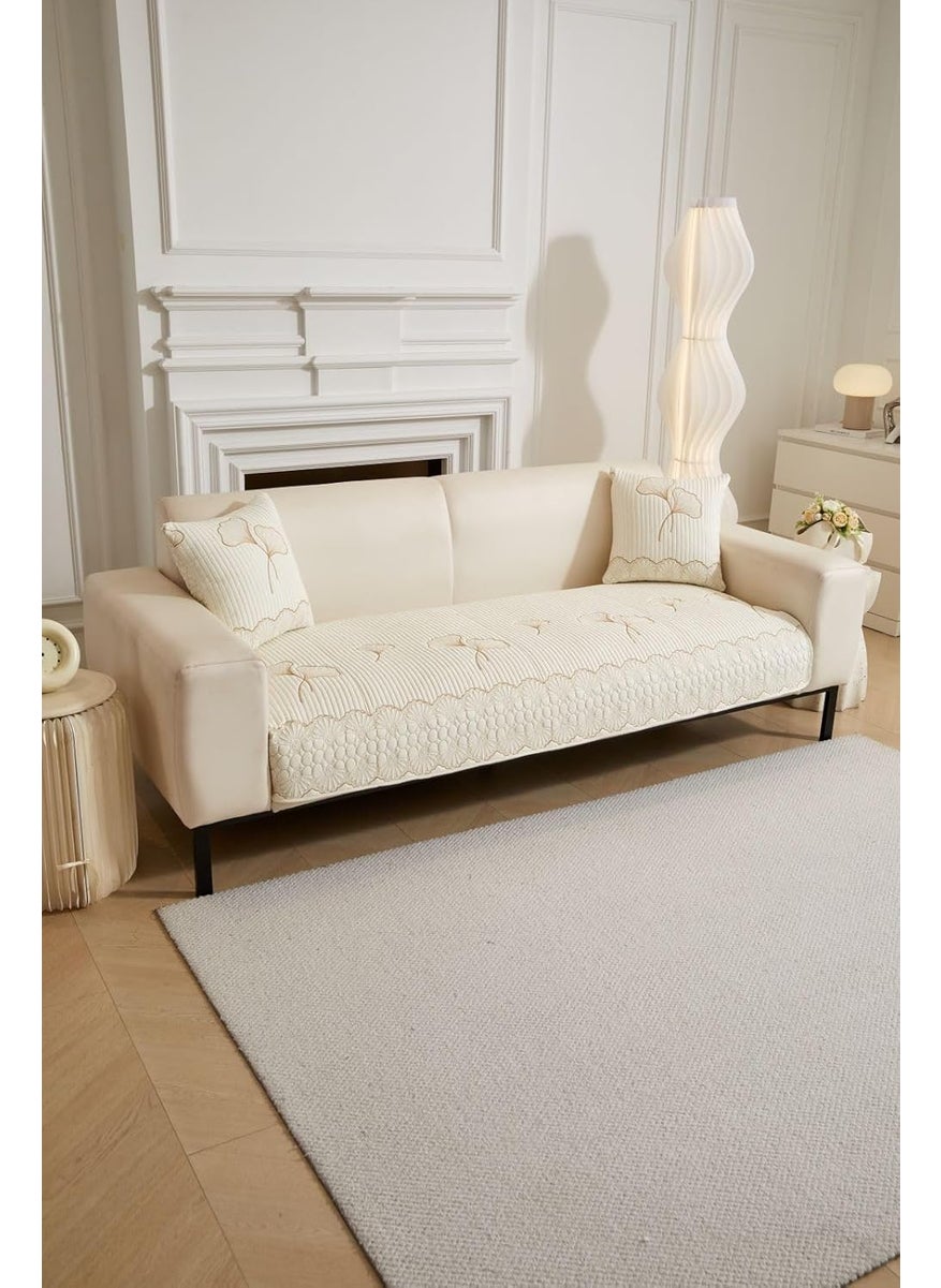 HOMETHREADS HOMETHREADS Premium Embroidered Cotton Sofa Cover Mat with PVC Backing for NonSlip Comfort Cream 4 Seater Small 70x200cm  - Image 4