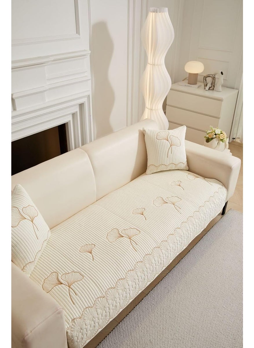 HOMETHREADS HOMETHREADS Premium Embroidered Cotton Sofa Cover Mat with PVC Backing for NonSlip Comfort Cream 4 Seater Small 70x200cm  - Image 1