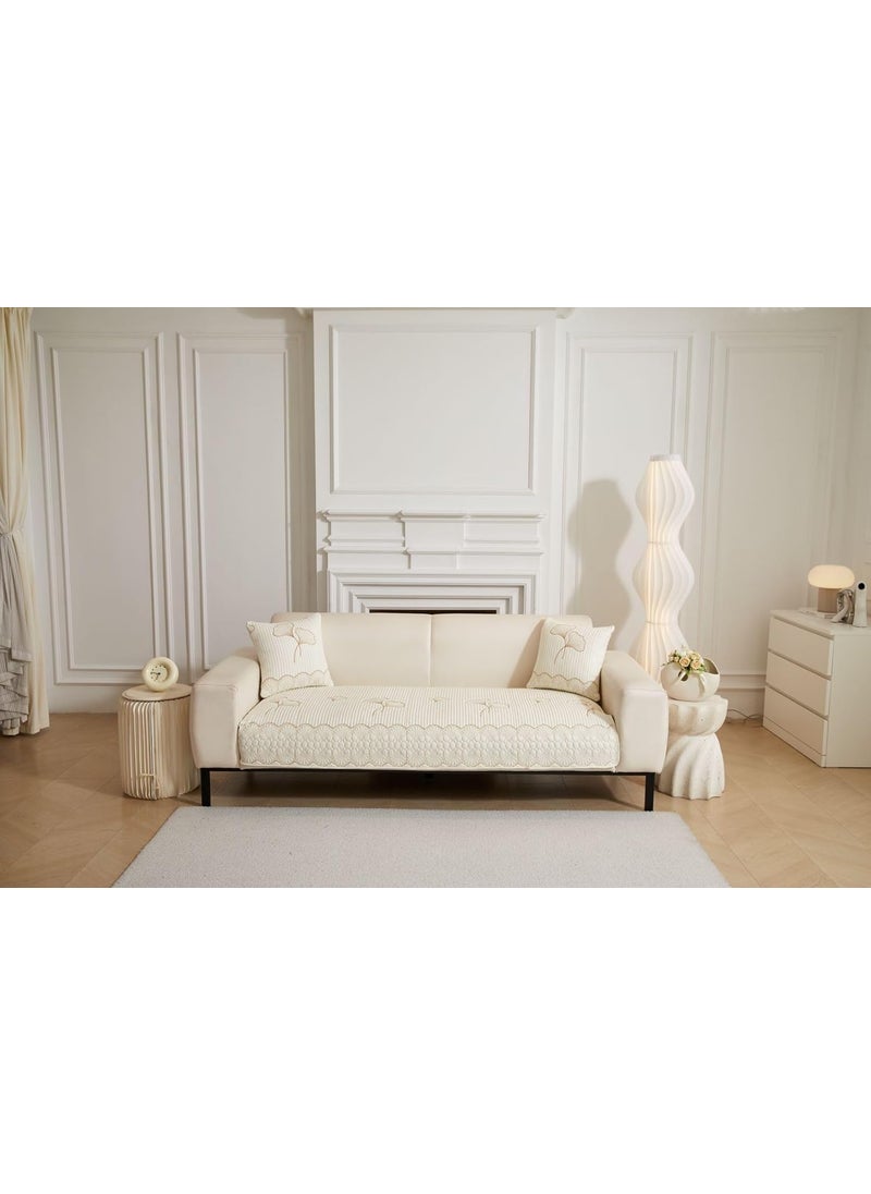 HOMETHREADS HOMETHREADS Premium Embroidered Cotton Sofa Cover Mat with PVC Backing for NonSlip Comfort Cream 4 Seater Small 70x200cm  - Image 2