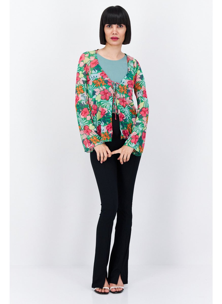 Dippin' Daisy's - Women Tie Neck Long Sleeves Floral Print Blouse, Pink Combo - Image 1