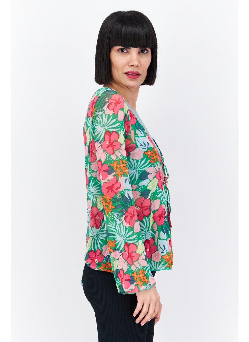 Dippin' Daisy's - Women Tie Neck Long Sleeves Floral Print Blouse, Pink Combo - Image 1