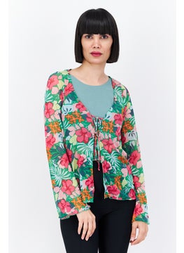 Women Tie Neck Long Sleeves Floral Print Blouse, Pink Combo