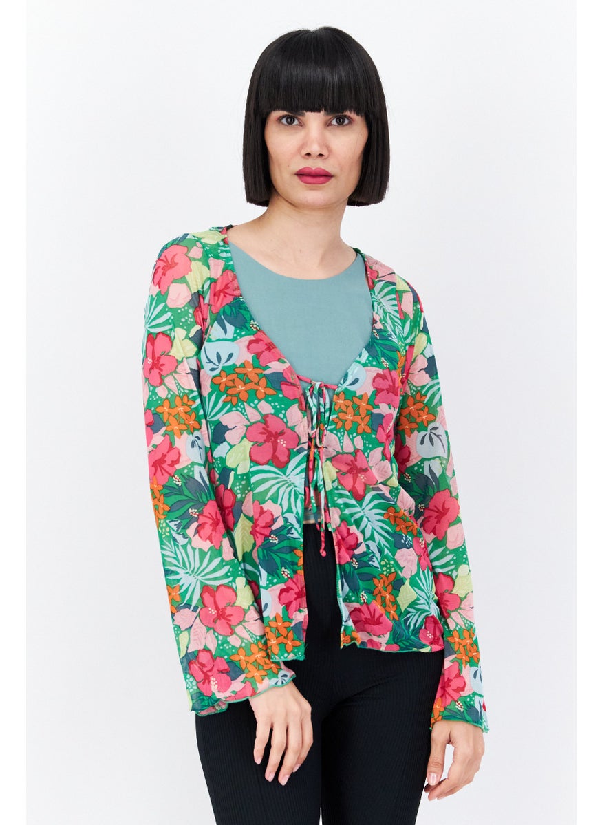 Dippin' Daisy's - Women Tie Neck Long Sleeves Floral Print Blouse, Pink Combo - Image 1