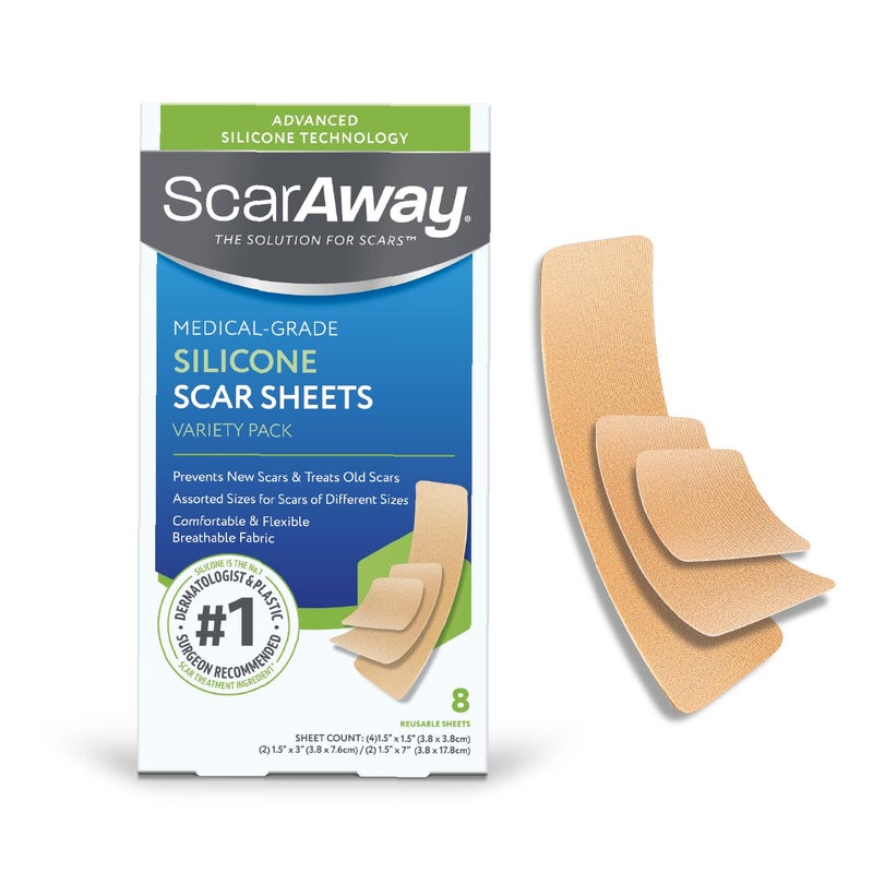 scaraway شرائح سكارووي المتقدمة لعلاج الندبات من السيليكون، مجموعة متنوعة من الشرائط الطبية، علاج ومنع الندبات الناتجة عن الجراحة، الحروق، الجسم، حب الشباب، الندبات الضخامية والكيلايد، 8 شرائح قابلة لإعادة الاستخدام - Image 1