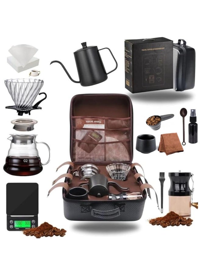 SUKILO 13 Pcs Portable Coffee Maker Set with Manual Grinder, Stainless Steel Kettle 600ml, Glass Dripper, Electric Coffee Scale, Glass Server, Filter Papers, and Carrying Bag for Travel & Home - Image 1