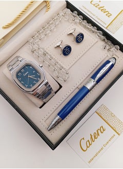 Watch set with silver bracelet and blue dial