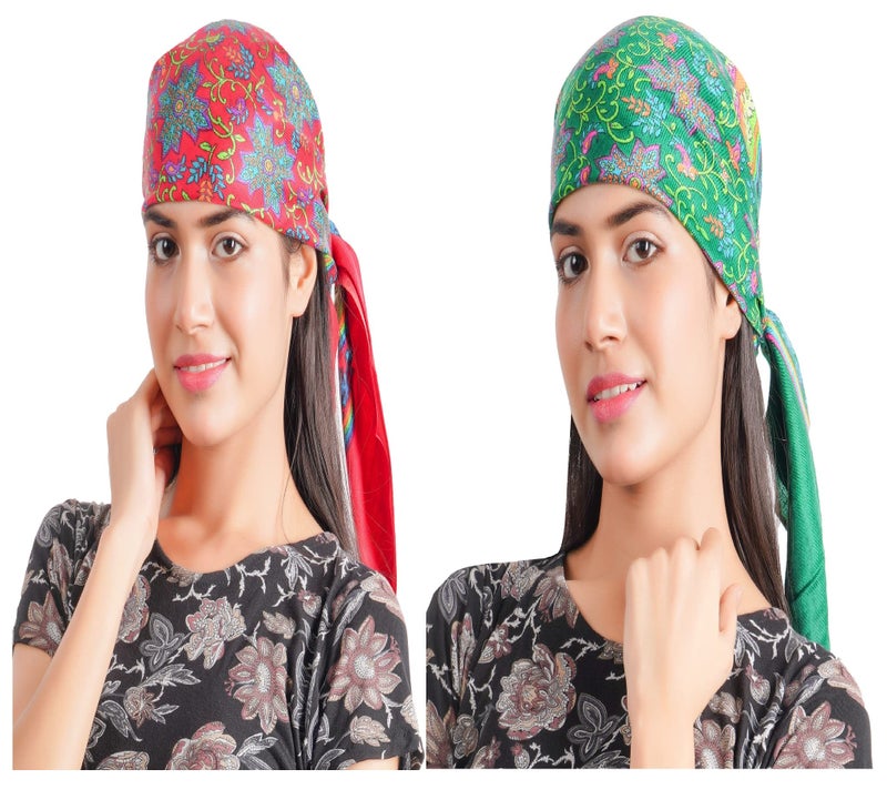 KETKAR Women Winter Woolen Headwear Fashion Printing |Head Scarf Winter caps for Girls_Free Size(Pack of 02,Red and Green) - Image 1