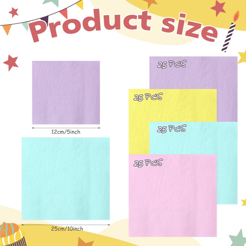 Layhit 100 Pcs Cocktail Napkins Disposable Beverage Napkins Square Paper Dessert Tissue for Wedding Birthday Easter Party Supplies(Pastel Color 5 x 5 Inch) - Image 2