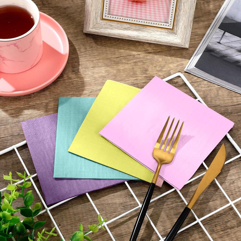 Layhit 100 Pcs Cocktail Napkins Disposable Beverage Napkins Square Paper Dessert Tissue for Wedding Birthday Easter Party Supplies(Pastel Color 5 x 5 Inch) - Image 5