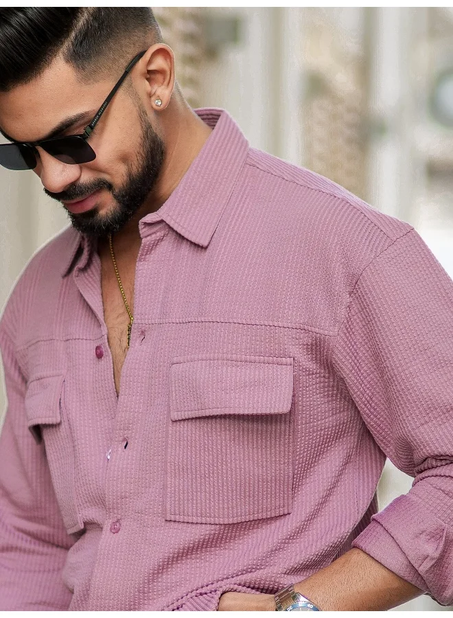 Maniac Mens Solid 2 Pockets collared Neck Full Sleeve Pink Oversized Cotton Shirt