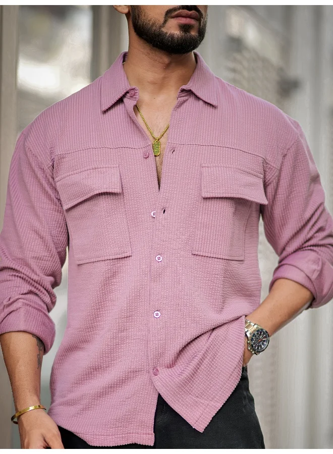 Maniac Mens Solid 2 Pockets collared Neck Full Sleeve Pink Oversized Cotton Shirt