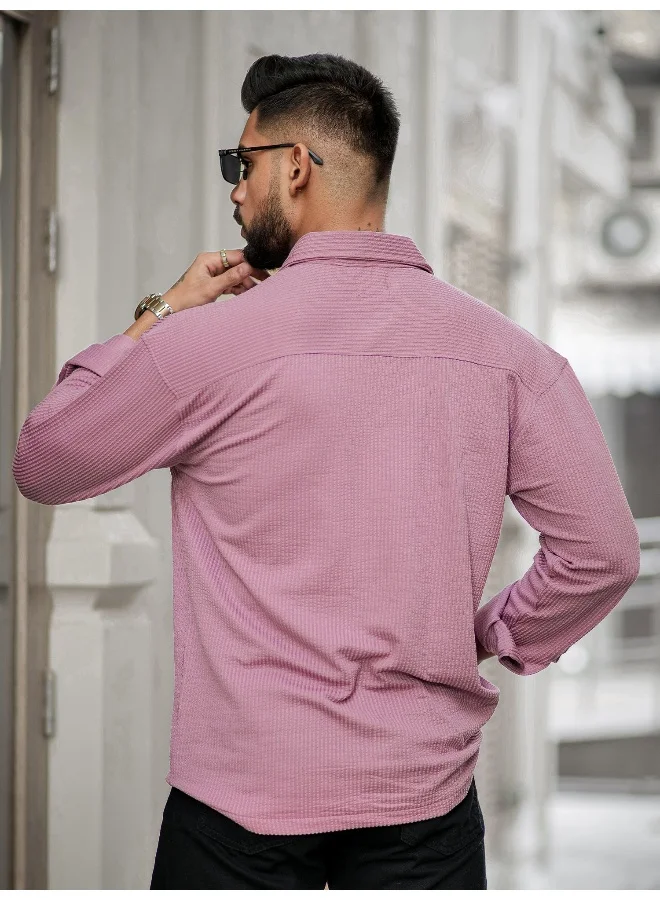 Maniac Mens Solid 2 Pockets collared Neck Full Sleeve Pink Oversized Cotton Shirt