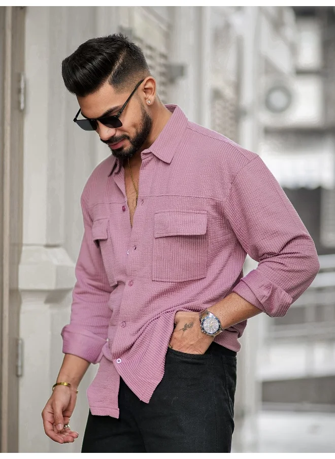 مانياك Mens Solid 2 Pockets collared Neck Full Sleeve Pink Oversized Cotton Shirt