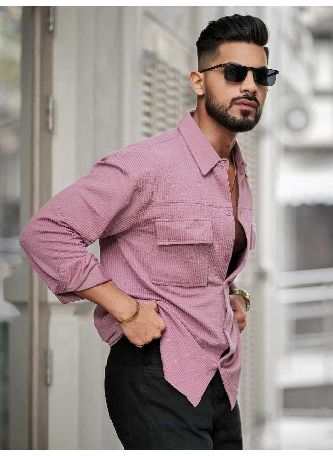 Maniac Mens Solid 2 Pockets collared Neck Full Sleeve Pink Oversized Cotton Shirt