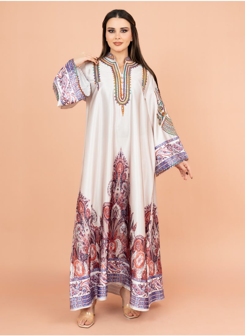 IKKXA Gleaming Crystal and Print Jalabiya IK1016 Beige  - Image 1
