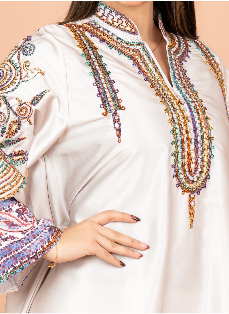 IKKXA Gleaming Crystal and Print Jalabiya IK1016 Beige  - Image 2