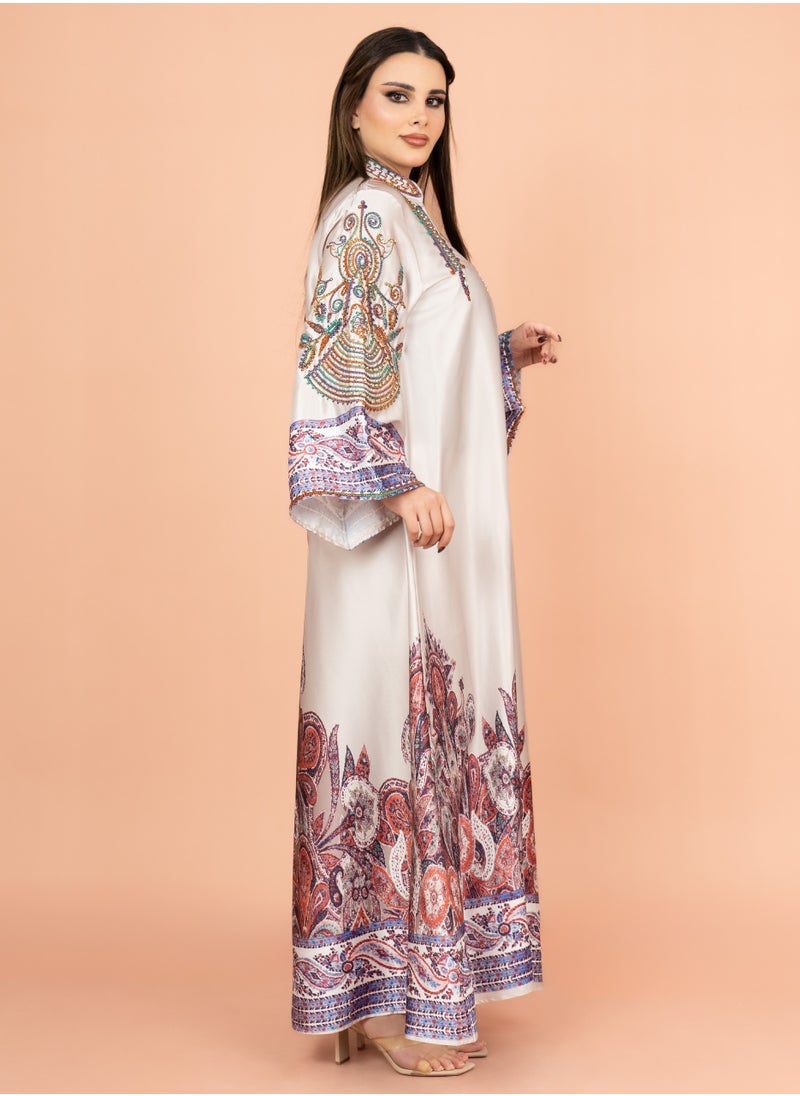 IKKXA Gleaming Crystal and Print Jalabiya IK1016 Beige  - Image 3