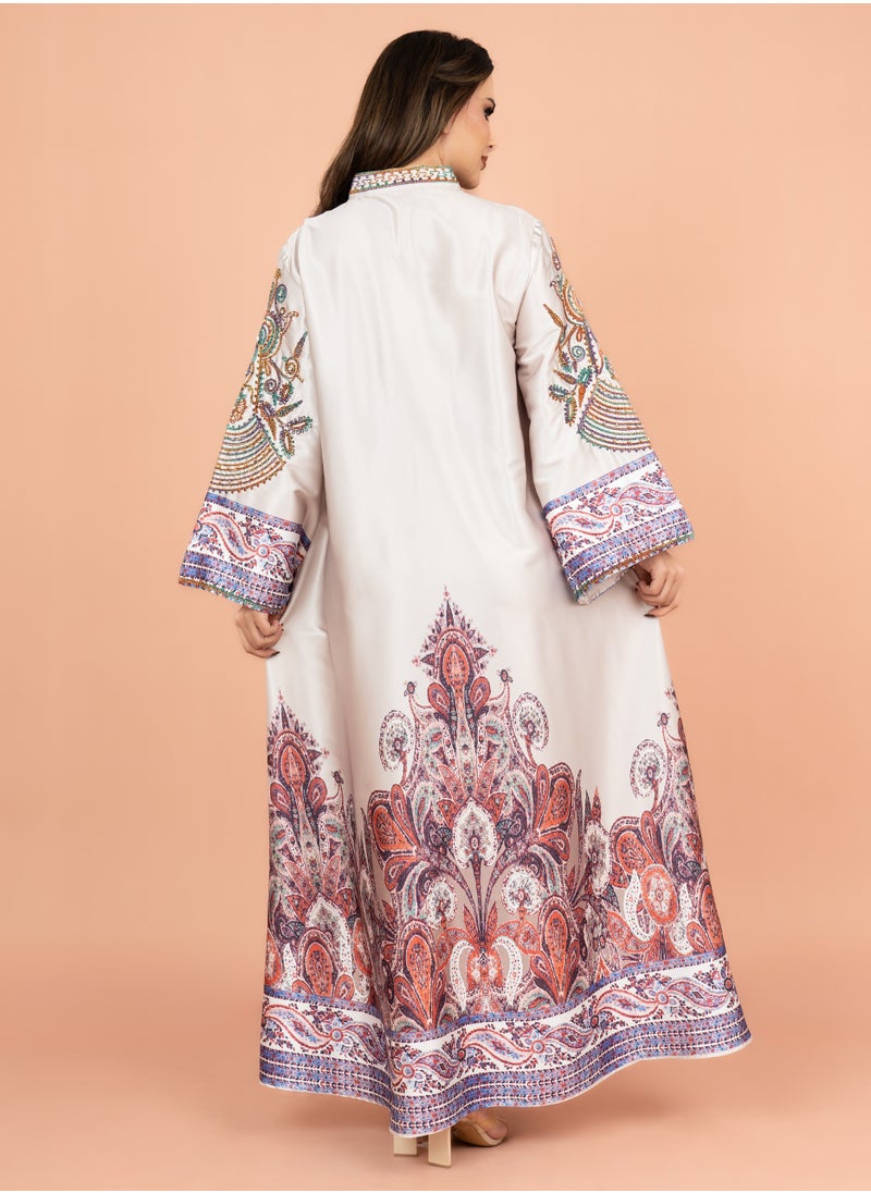 IKKXA Gleaming Crystal and Print Jalabiya IK1016 Beige  - Image 4