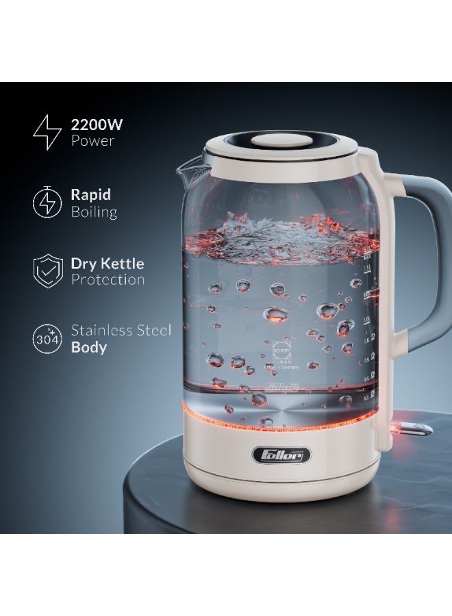 Feller Germany EK730 Electric Kettle, 1.7L German Schott Glass, 2200W Fast Boil, Strix Control, BPA Free (Cream) - Image 2