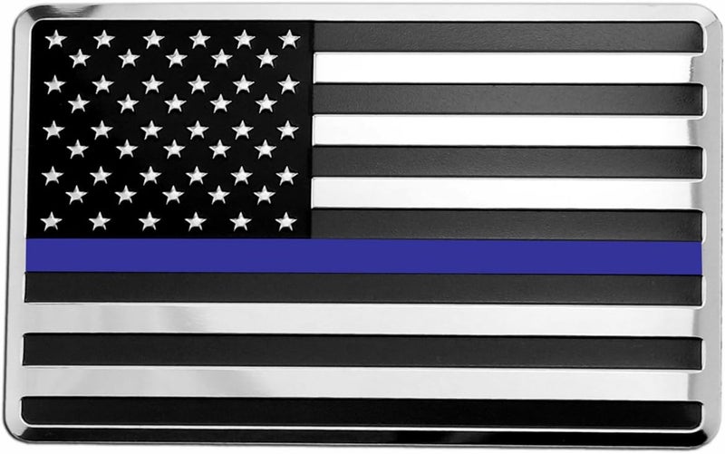 LFPartS USA Embossed Stainless Steel Metal Flag for Cars and Trucks - Support Police and Law Enforcement (3.12" x 2", Black & Chrome with Blue Line) - Image 1