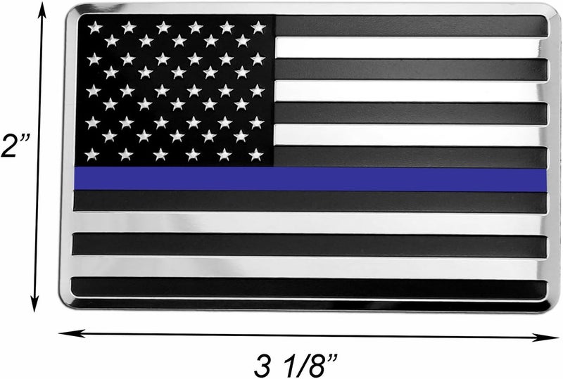 LFPartS USA Embossed Stainless Steel Metal Flag for Cars and Trucks - Support Police and Law Enforcement (3.12" x 2", Black & Chrome with Blue Line) - Image 2