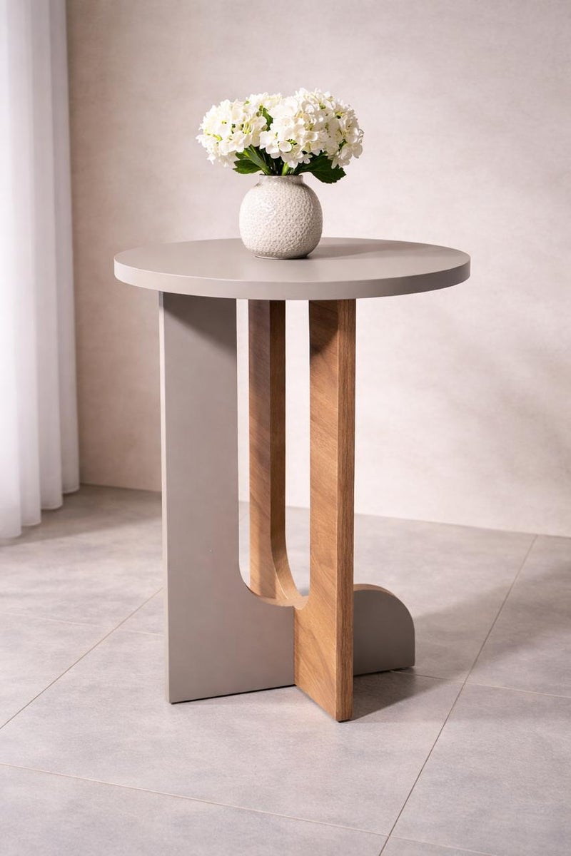 Modern Turkish MDF side table, white and wooden, modern Turkish design, height 55 - diameter 45