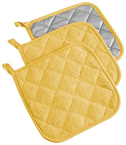 DII Basic Terry Collection Quilted 100% Cotton, Potholder, Yellow, 3 Piece - Image 1