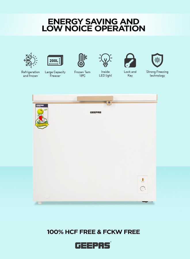 GEEPAS Chest Freezer With Adjustable Thermostat/Portable Food Basket/Compact Refrigerator With LED Light/Lock & Key/High-Efficiency Monolithic Foaming 200 L 130 W GCF2509WSH White - Image 3