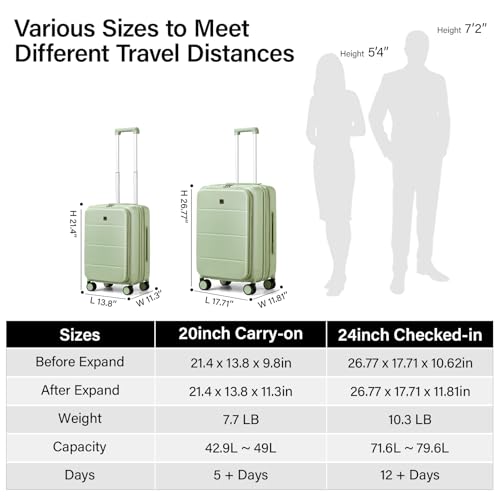MILADA Expandable Carry On Luggage with Spinner Wheels PC Hard Shell Suitcases 20 Inch Top Opening Travel Suitcase with Wheels TSA Approved Luggage Trunk Rolling Carry-On, Bamboo Green - Image 3