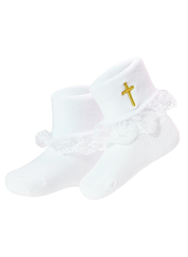 hakugoo Baptism Socks for Baby Newborn White Turn Cuff Cross Socks,Ruffle Cotton Sock Christening Outfits for Girls 0-6M - Image 1