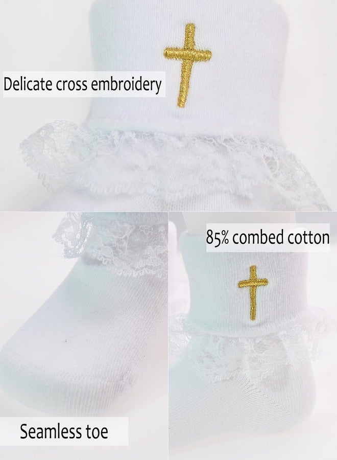 hakugoo Baptism Socks for Baby Newborn White Turn Cuff Cross Socks,Ruffle Cotton Sock Christening Outfits for Girls 0-6M - Image 4