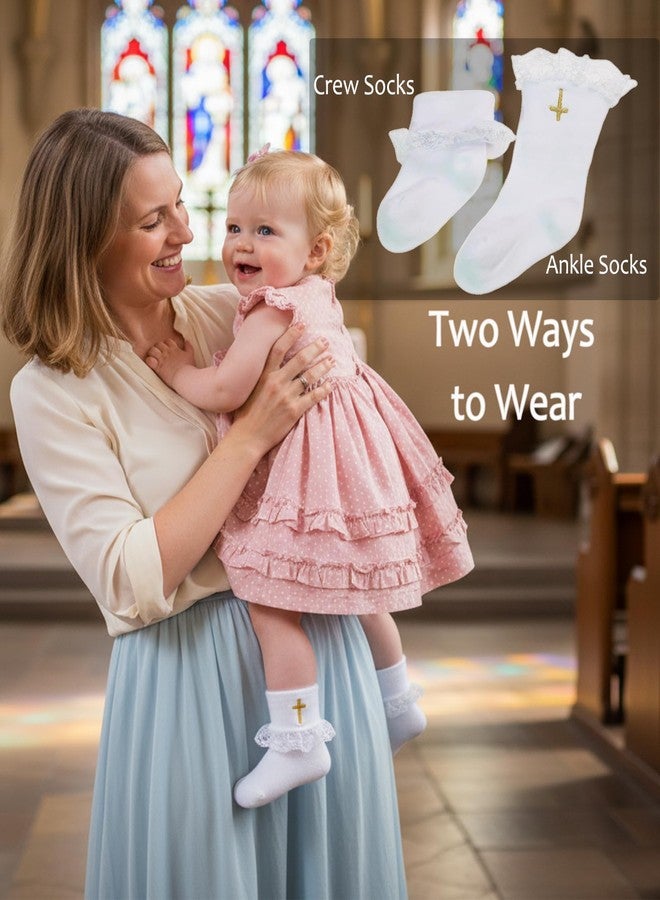 hakugoo Baptism Socks for Baby Newborn White Turn Cuff Cross Socks,Ruffle Cotton Sock Christening Outfits for Girls 0-6M - Image 3