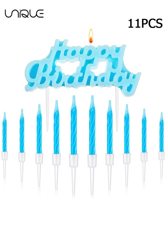 يونيك مجموعة شموع 11 قطعة - شمعة رفيعة قصيرة قطر 2.95 بوصة بشكل لولبي - شمعة عيد ميلاد لتزيين الكعك - مزين للكيك واحتفالات أعياد الميلاد - لتزيين الكيك واحتفالات الحفلات (أزرق) - Image 1