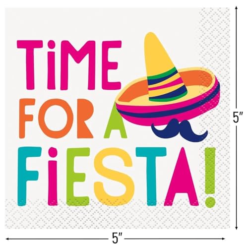 Unique Multicolor "Time For A Fiesta!" Paper Beverage Napkins (Pack of 16) - Vibrant & Festive Design, Perfect For Celebrations & Themed Parties - Image 3