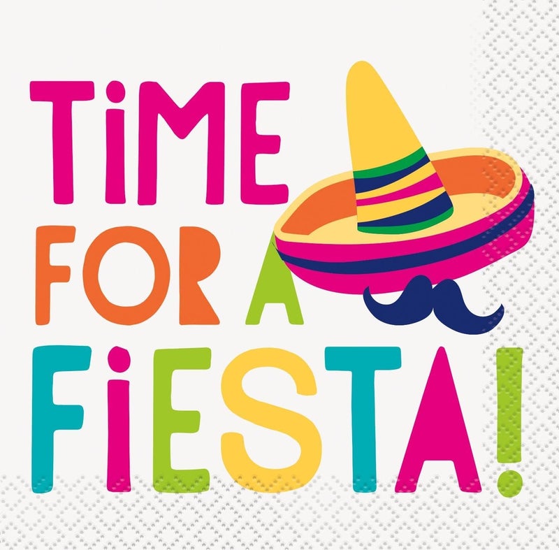 Unique Multicolor "Time For A Fiesta!" Paper Beverage Napkins (Pack of 16) - Vibrant & Festive Design, Perfect For Celebrations & Themed Parties - Image 1