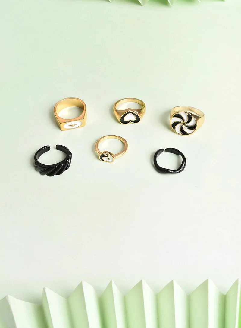 SOHI  Set Of 6 Black Adjustable Artificial Finger Ring Jewellery  | Best Price UAE