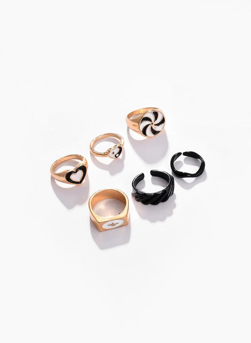 SOHI  Set Of 6 Black Adjustable Artificial Finger Ring Jewellery  | Best Price UAE