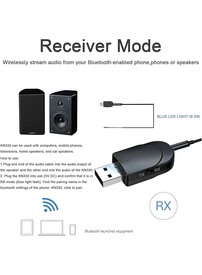 إكسفور محول بلوتوث 5.0، مستقبل USB إلى بلوتوث للكمبيوتر/التلفزيون/السيارة، محول AUX، جهاز إرسال صوتي سهل التوصيل والتشغيل، اتصال USB - Image 3